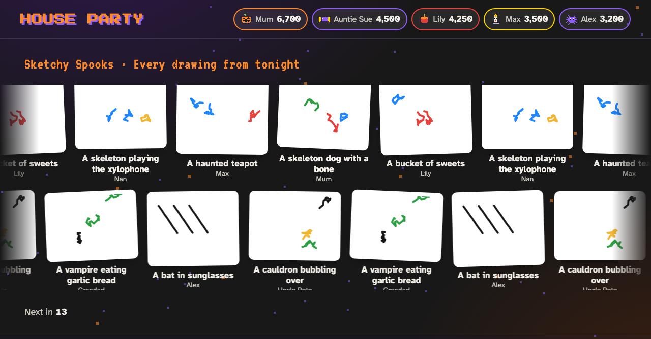 Pardo's House Party on the telly: the Sketchy Spooks gallery wall, every drawing from the round with its secret prompt underneath