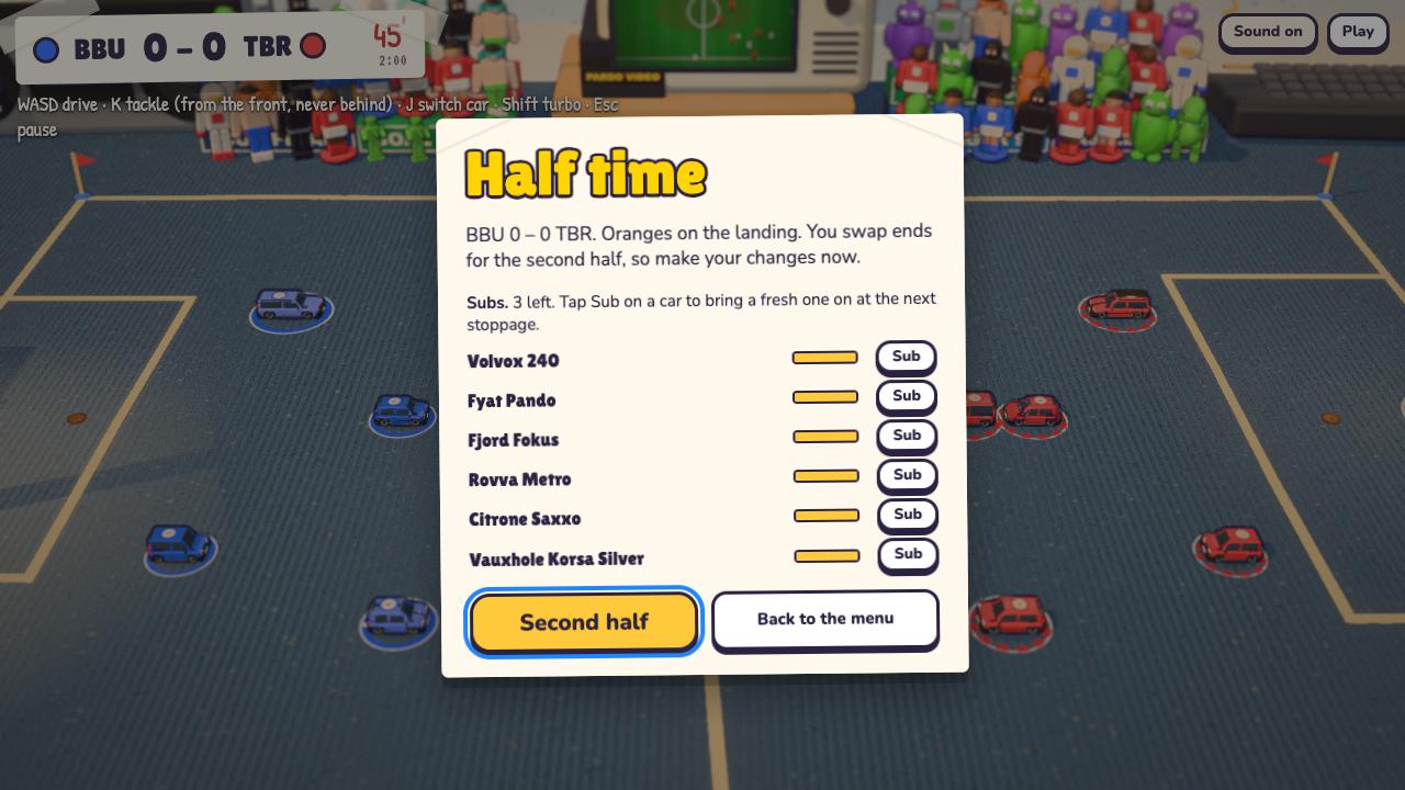 Car Football's half-time card: the score, a note that oranges are on the landing, each car's battery level and a Sub button for each