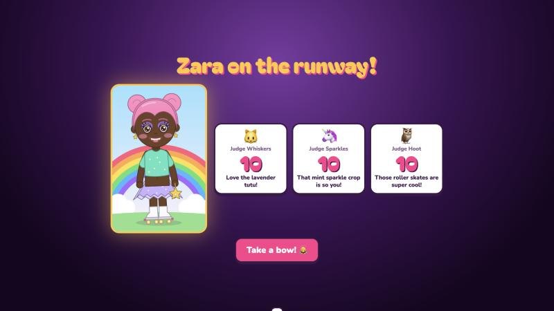 Style Studio's runway: a character in a mint top, lavender tutu and roller skates, with Judge Whiskers, Judge Sparkles and Judge Hoot each scoring 10