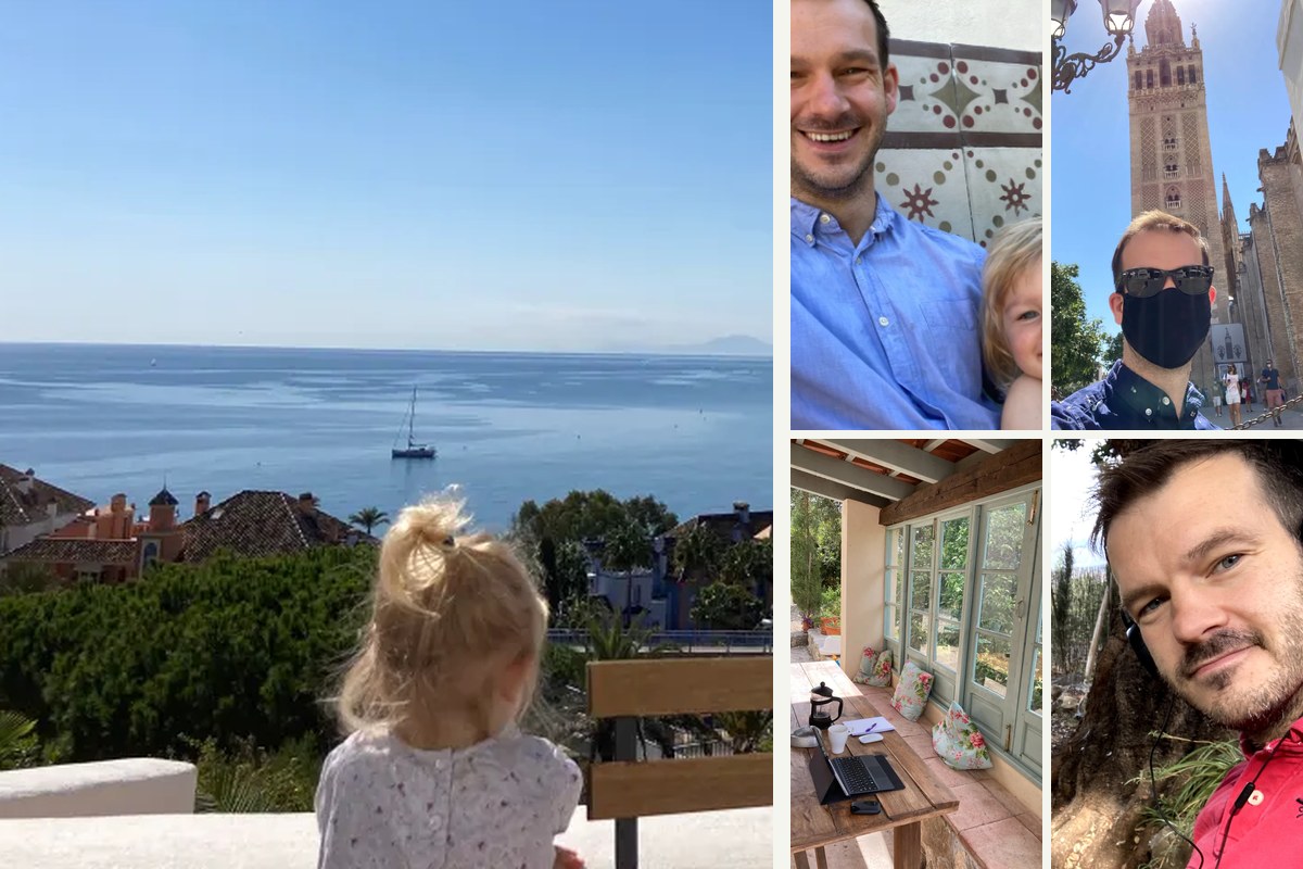 Snapshots from the family's year in Spain: a daughter looking out over the bay, Seville, a workday on the terrace, and a garden with a swing