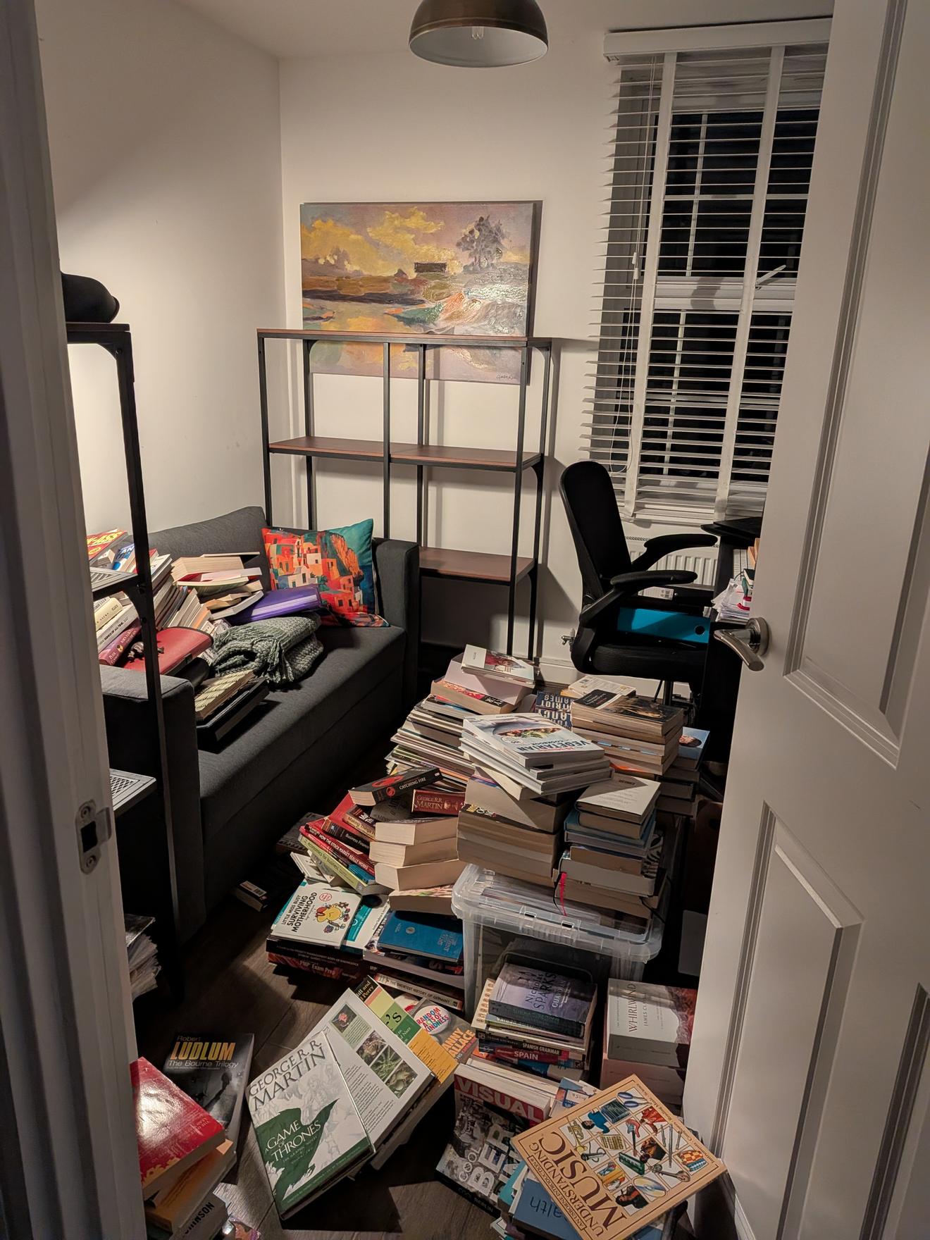 A small home office mid-reorganisation: a half-assembled shelf unit against the wall, and the sofa, desk and every inch of floor buried under piles of books