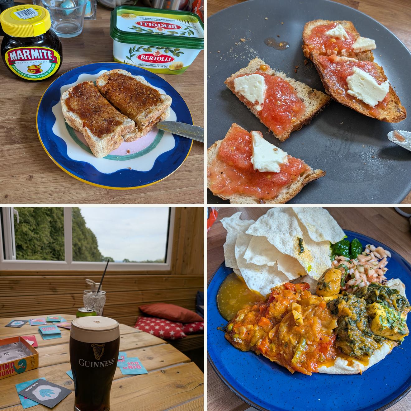 Four photographs in a grid: Marmite on toast beside the jar, poached eggs on toast with boxes of children's paracetamol behind them, a pint of Guinness on a pub table scattered with a child's card game, and a takeaway curry on a blue plate