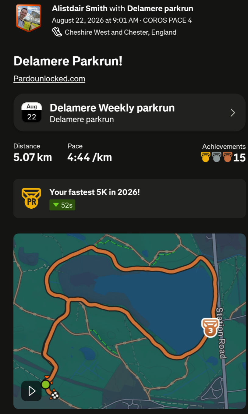 Strava activity for Delamere parkrun, 22 August 2026, showing 5.07km at 4:44 per kilometre, a fastest-5K-of-2026 badge reading 52 seconds faster, and the course looping round Blakemere Moss