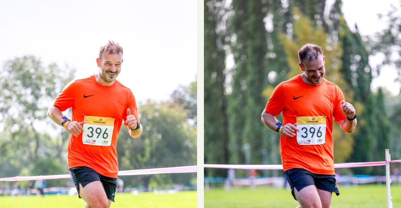 Two photos side by side: posing with thumbs up for the camera, and grimacing with fists clenched moments later